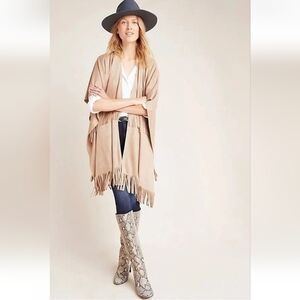 Anthropologie Andersen & Lauth Faux Suede Tan Fringe Open Front Poncho Western